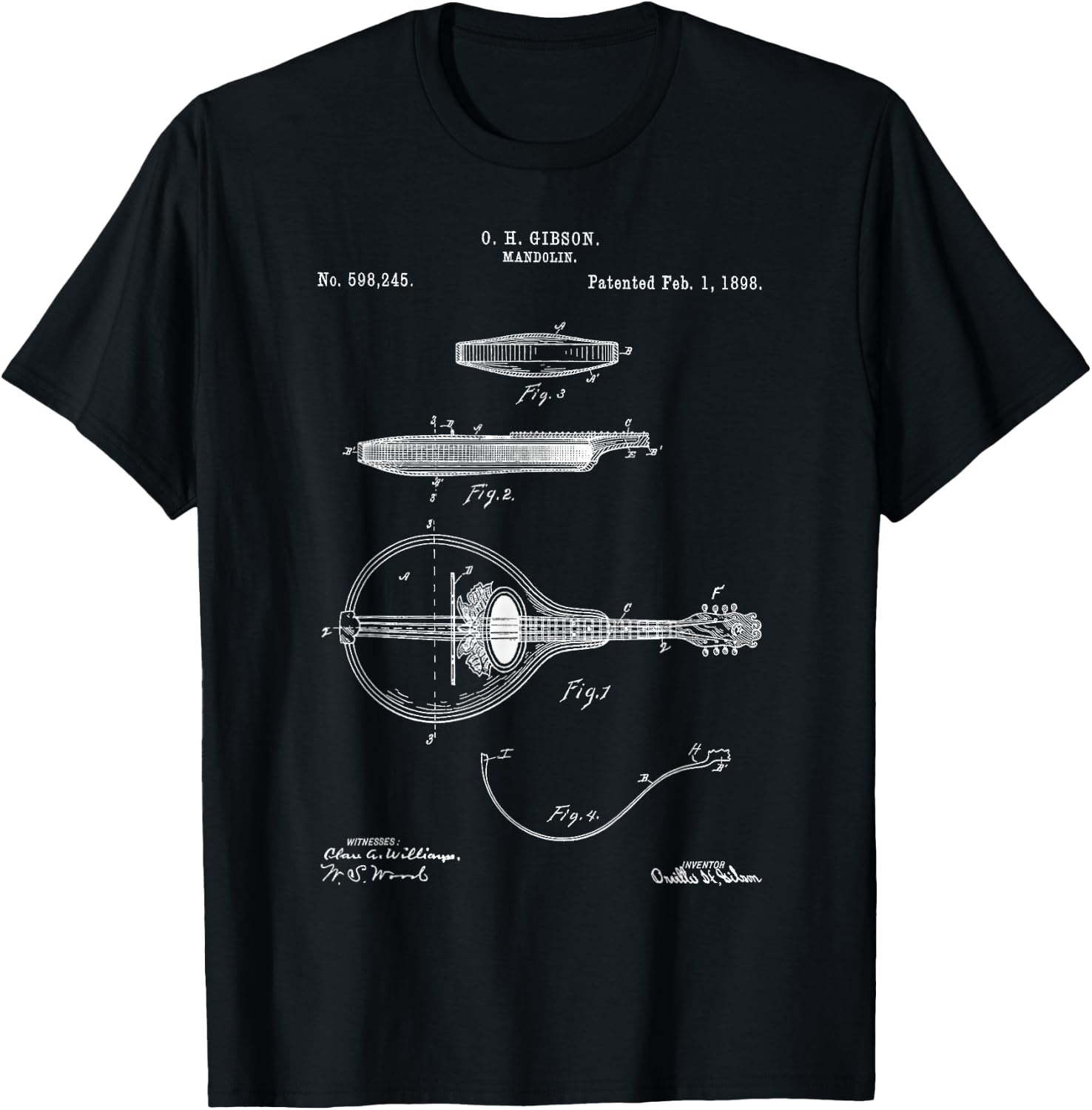 Vintage Patent Mandolin 1898 Music Retro Blueprint Fun Gift T-Shirt - T-Shirt | Black