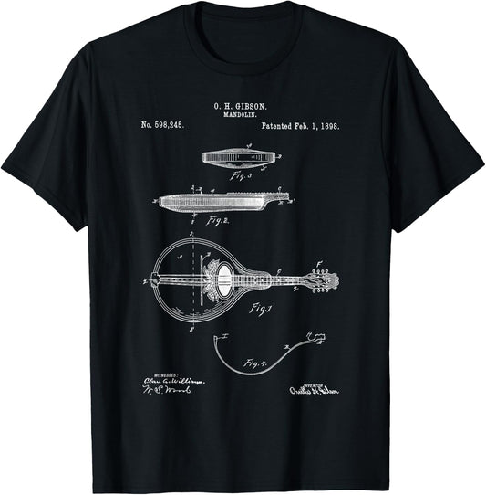 Vintage Patent Mandolin 1898 Music Retro Blueprint Fun Gift T-Shirt - T-Shirt | Black
