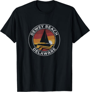 Dewey Beach Delaware Vintage Sailboat 70s Retro Sunset T-Shirt - T-Shirt | Black