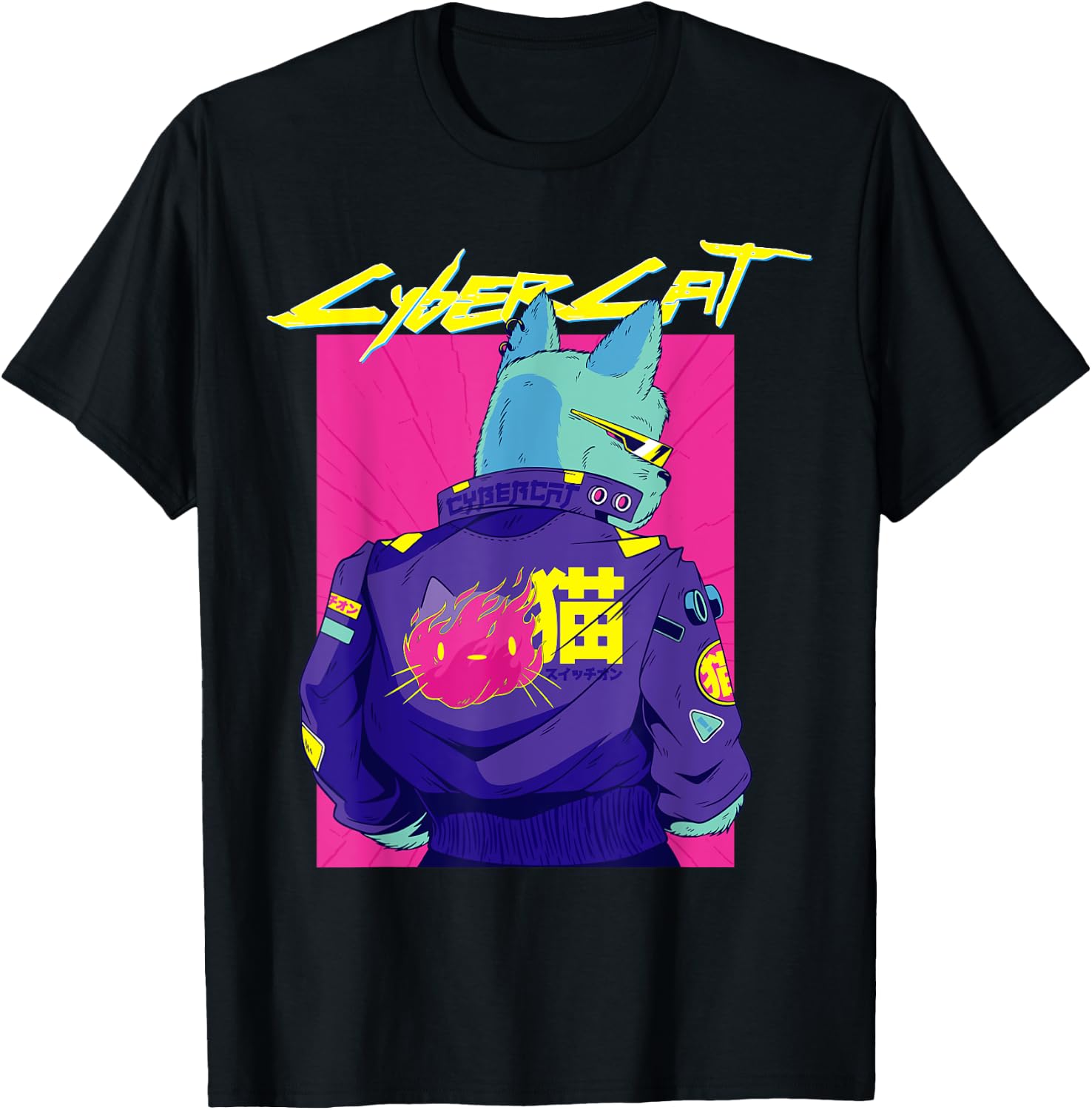 Cyberpunk Pun Cat cybercat Japanese Character cyberpunker T-Shirt - T-Shirt | Black