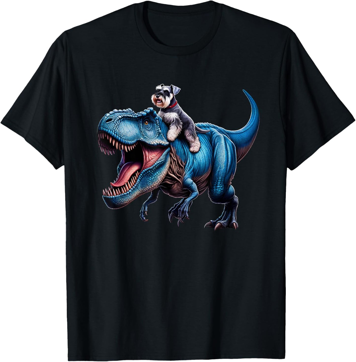 Miniature Schnauzer Riding T-Rex Dinosaur Funny Dog Lover T-Shirt - T-Shirt | Black