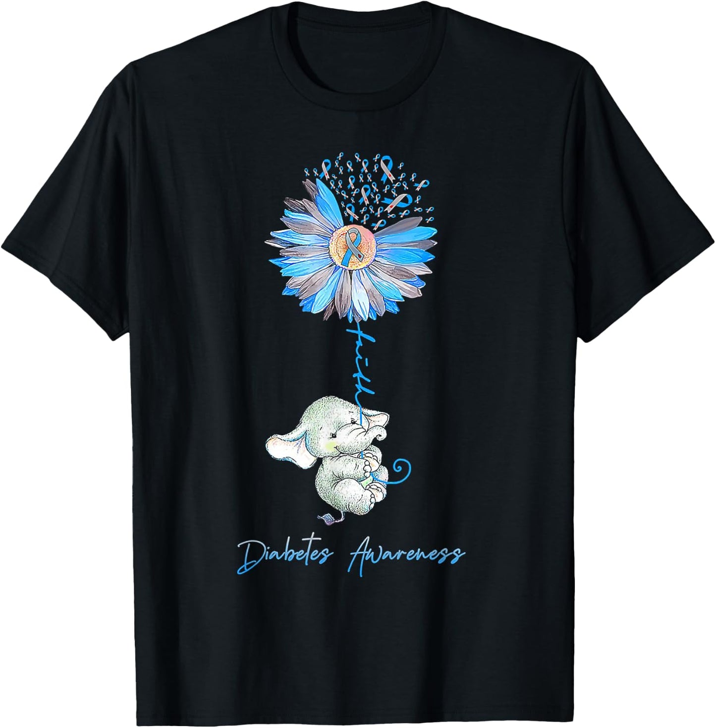 Faith Cute Elephants Sunflower Diabetes Awareness T-Shirt - T-Shirt | Black