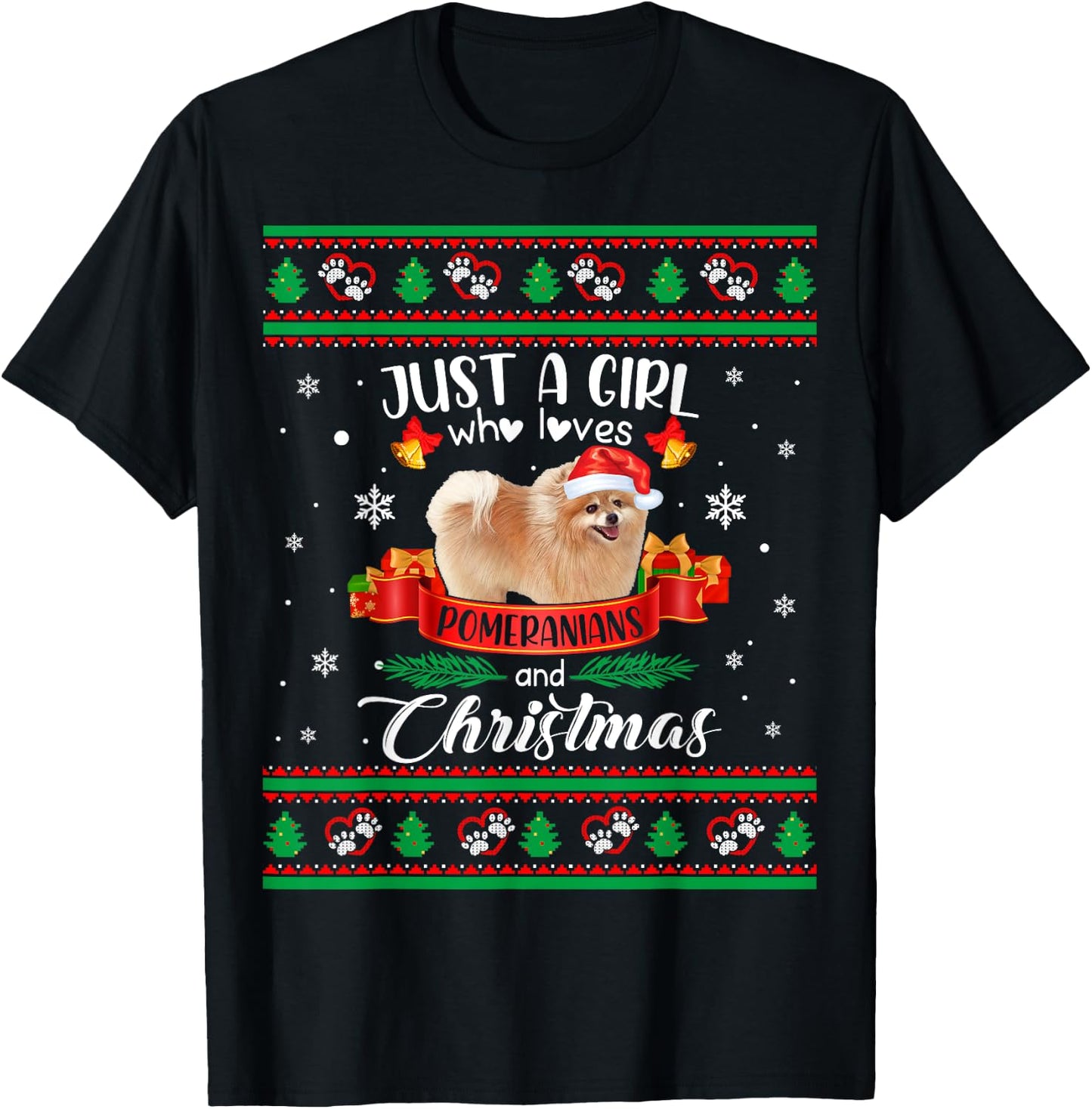 Just A Girl Who Loves Pomeranians & Christmas Ugly Sweater T-Shirt - T-Shirt | Black