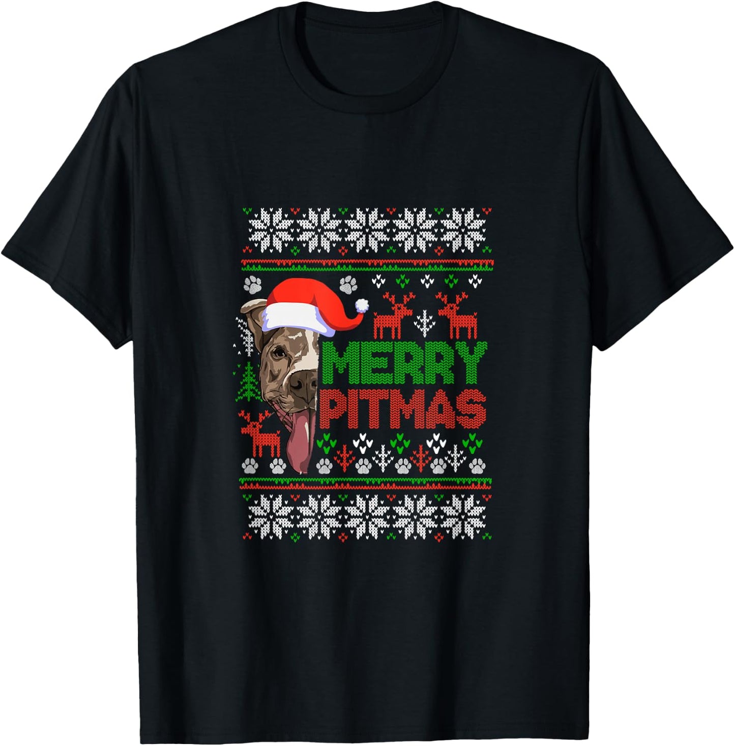 MERRY PITMAS - Christmas Pitbull Ugly Sweater style T-Shirt - T-Shirt | Black