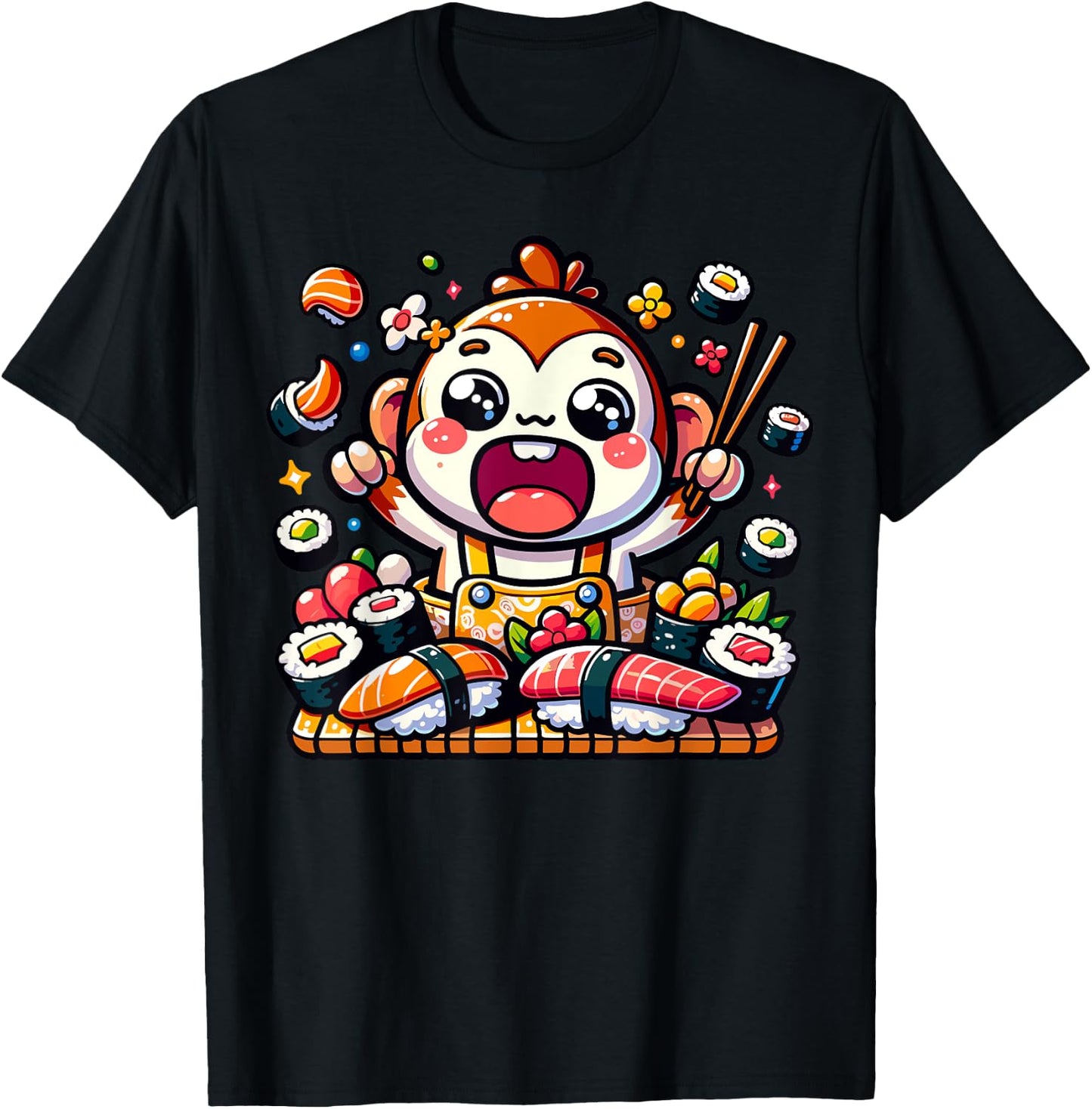 Hungry Kawaii Monkey Eating Sushi Japanese Food T-Shirt - T-Shirt | Black