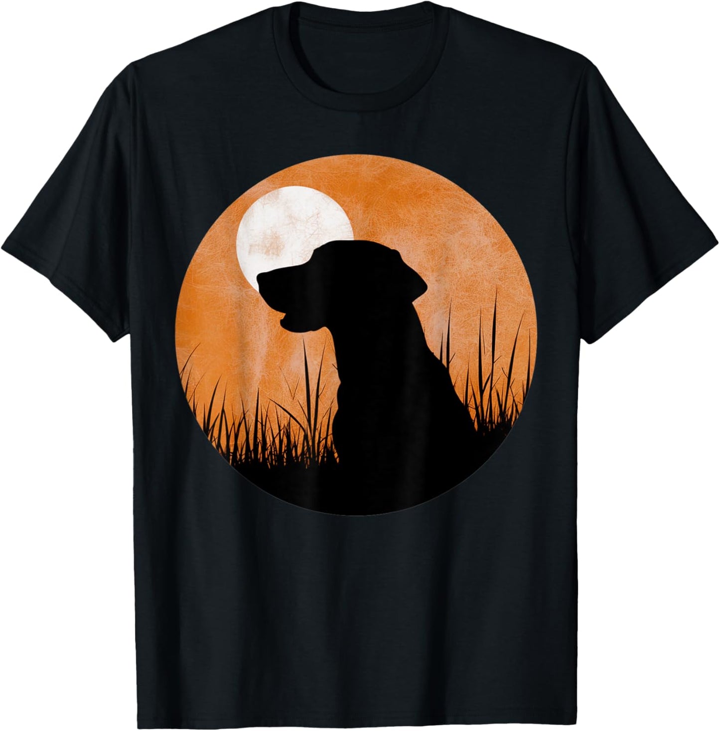 A silhouette of a hunting black or yellow lab on orange sky T-Shirt - T-Shirt | Black