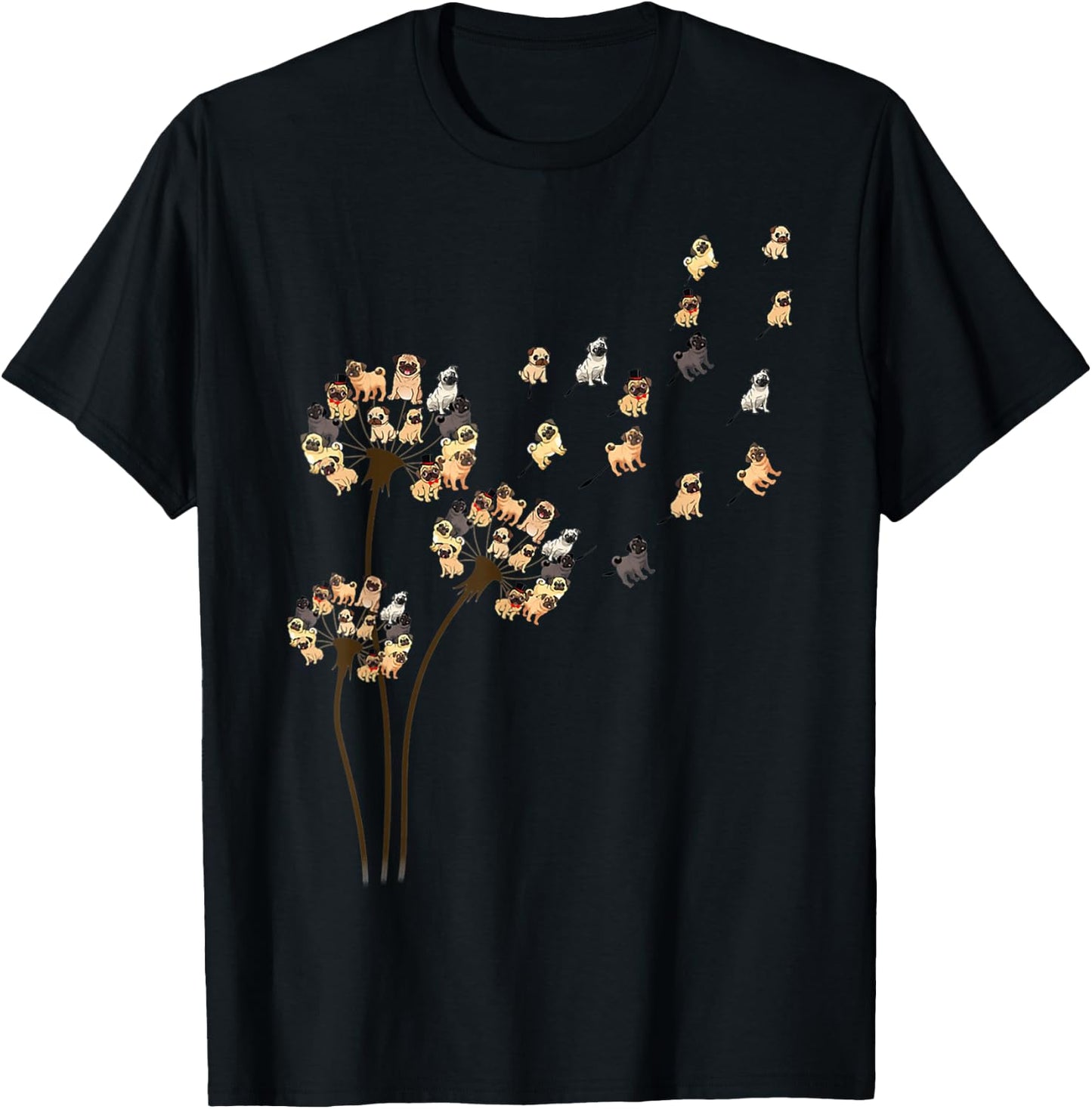 Flower Pug Dog Dandelion Funny Animals Lover T-Shirt - T-Shirt | Black