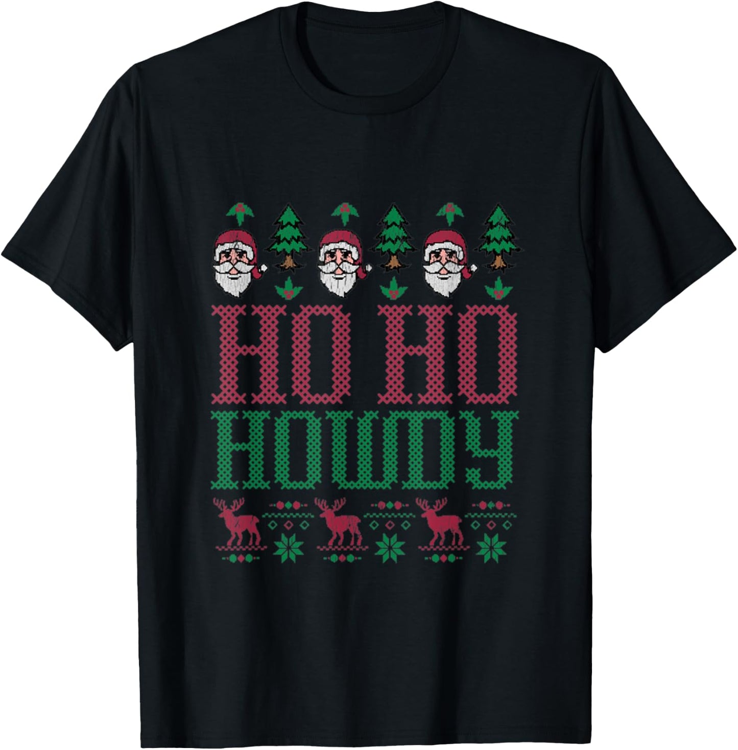 Ho Ho Howdy Cowboy Rodeo Christmas Santa Ugly Sweater Style T-Shirt - T-Shirt | Black