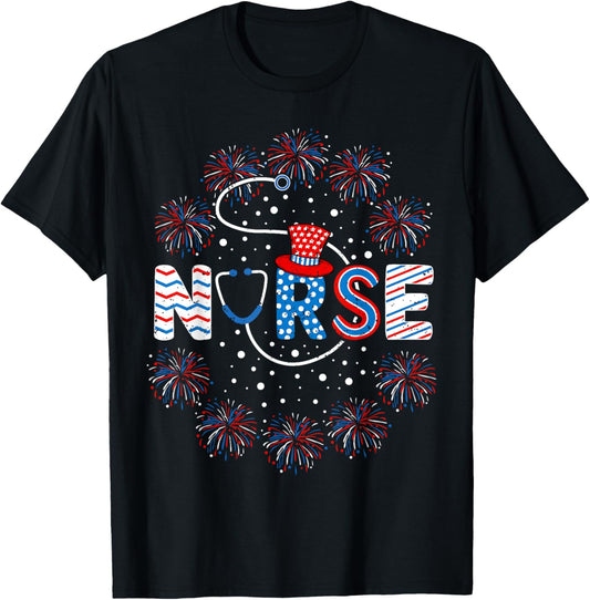 4th of July Nurse American Flag Fourth Of July Nurse T-Shirt - T-Shirt | Black