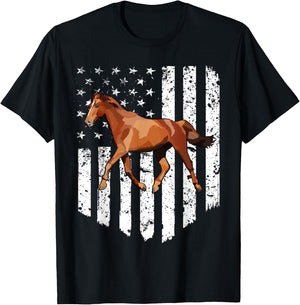 White American Flag Brown Horse 4th Of July Farm Animal Kids Men T-Shirt - T-Shirt | Black
