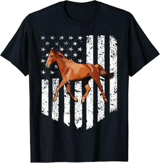 White American Flag Brown Horse 4th Of July Farm Animal Kids Men T-Shirt - T-Shirt | Black
