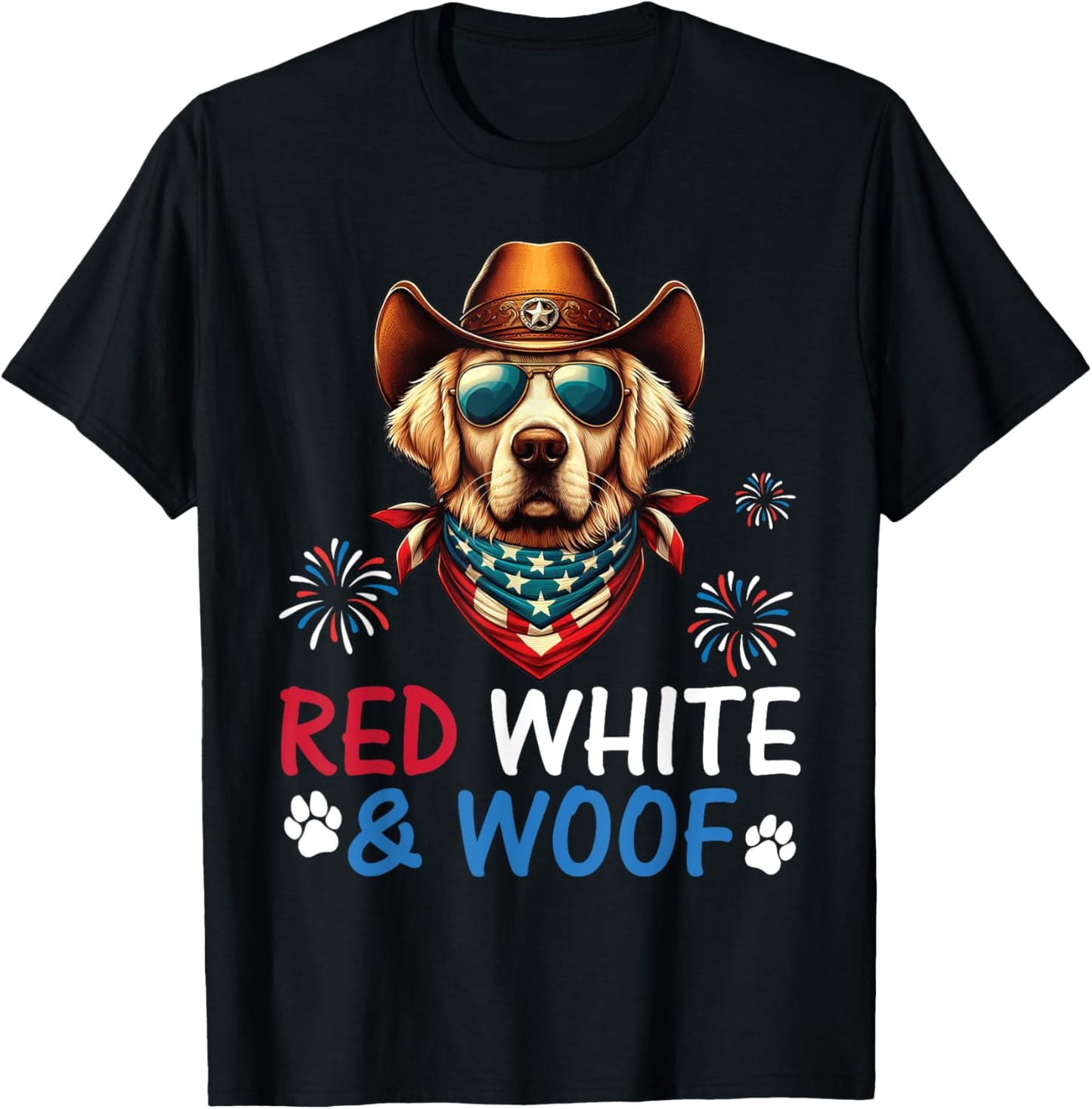 Golden Retriever Cowboy Costume Fireworks Red White and Woof T-Shirt - T-Shirt | Black