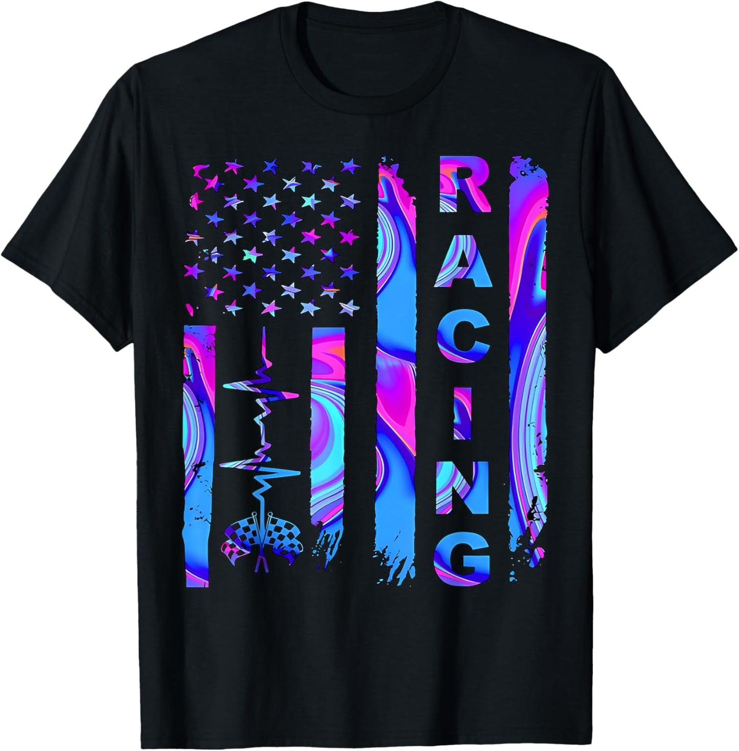 Tie Dye Heartbeat Checkered Flag Racing Patriotic Race Life Men T-Shirt - T-Shirt | Black