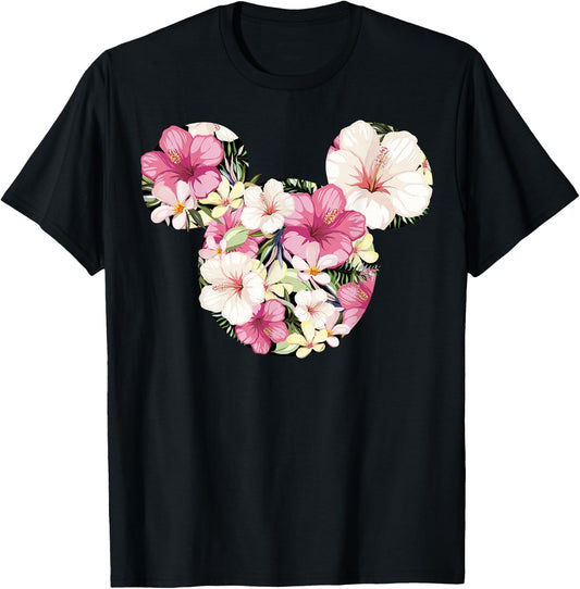 Disney Mickey and Friends Tropical Floral Print Silhouette T-Shirt - T-Shirt | Black