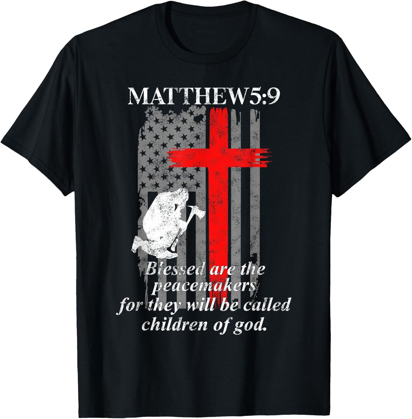 Thin Red Line Fireman Cross Bible Verse Firefighter USA Flag T-Shirt - T-Shirt | Black