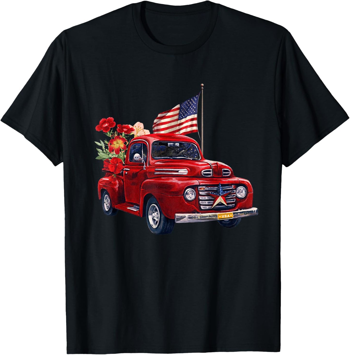 Red Truck With Flowers American Flag Happy 4th Of July Women Men T-Shirt - T-Shirt | Black