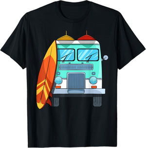 Surf Van Surfboard Palm Trees Surfing Surfer Waves Summer Men Women Girls Kids T-Shirt - T-Shirt | Black