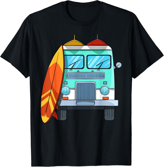 Surf Van Surfboard Palm Trees Surfing Surfer Waves Summer Men Women Girls Kids T-Shirt - T-Shirt | Black
