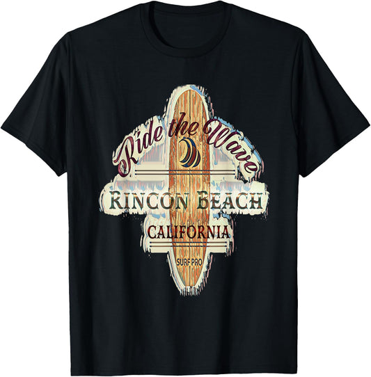 Rincon Beach Surfing Distressed Vintage Retro Surfboard Men Women Girls Kids T-Shirt - T-Shirt | Black