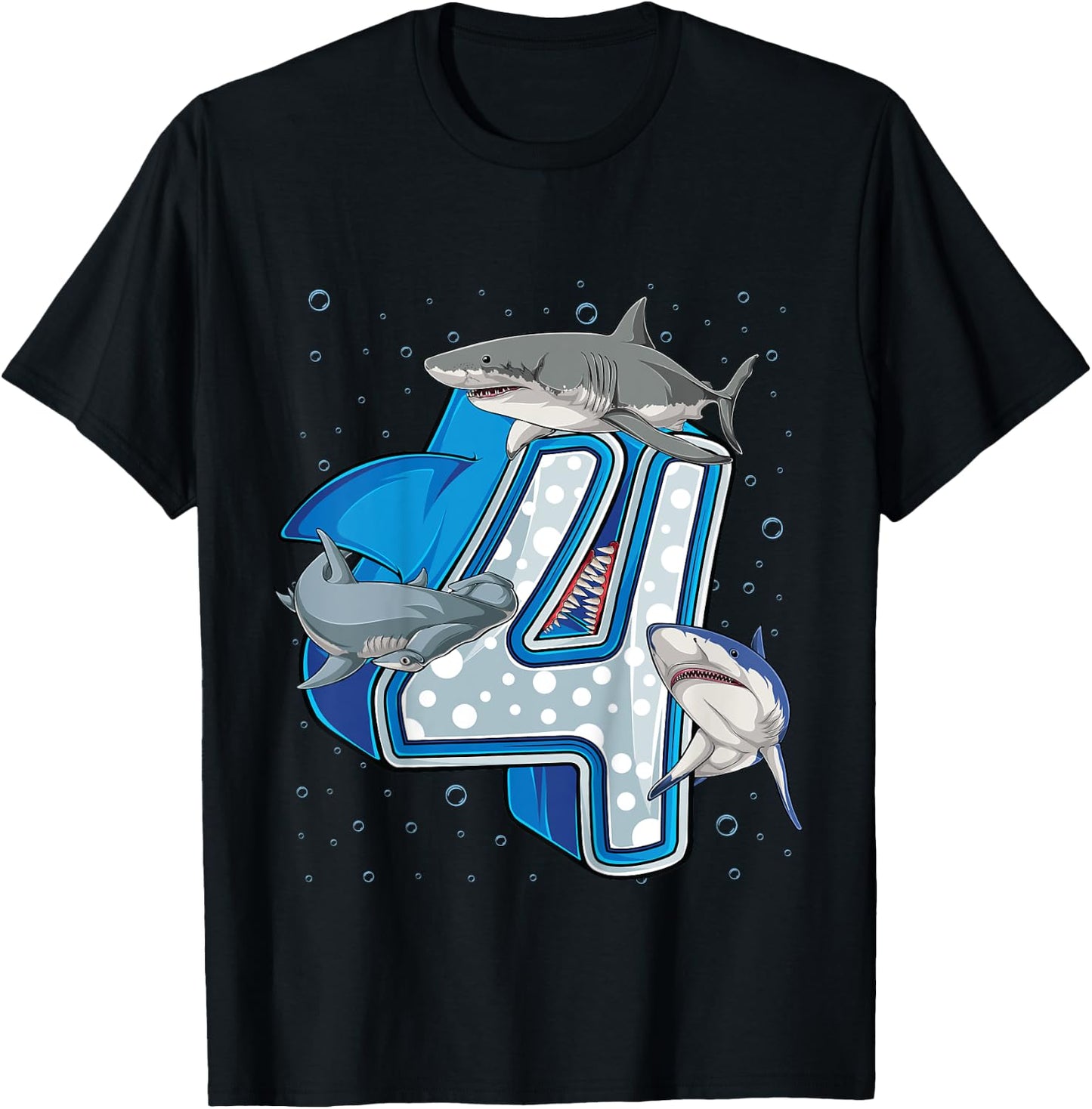 4th Birthday Boys Shark 4 years Old Ocean Shark B-day T-Shirt - T-Shirt | Black
