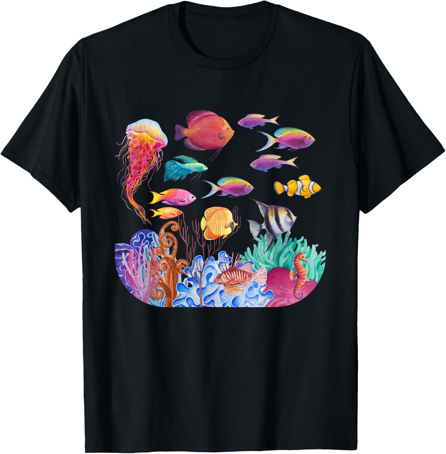 Ocean Scene - Watercolor Sea Life T-Shirt - T-Shirt | Black