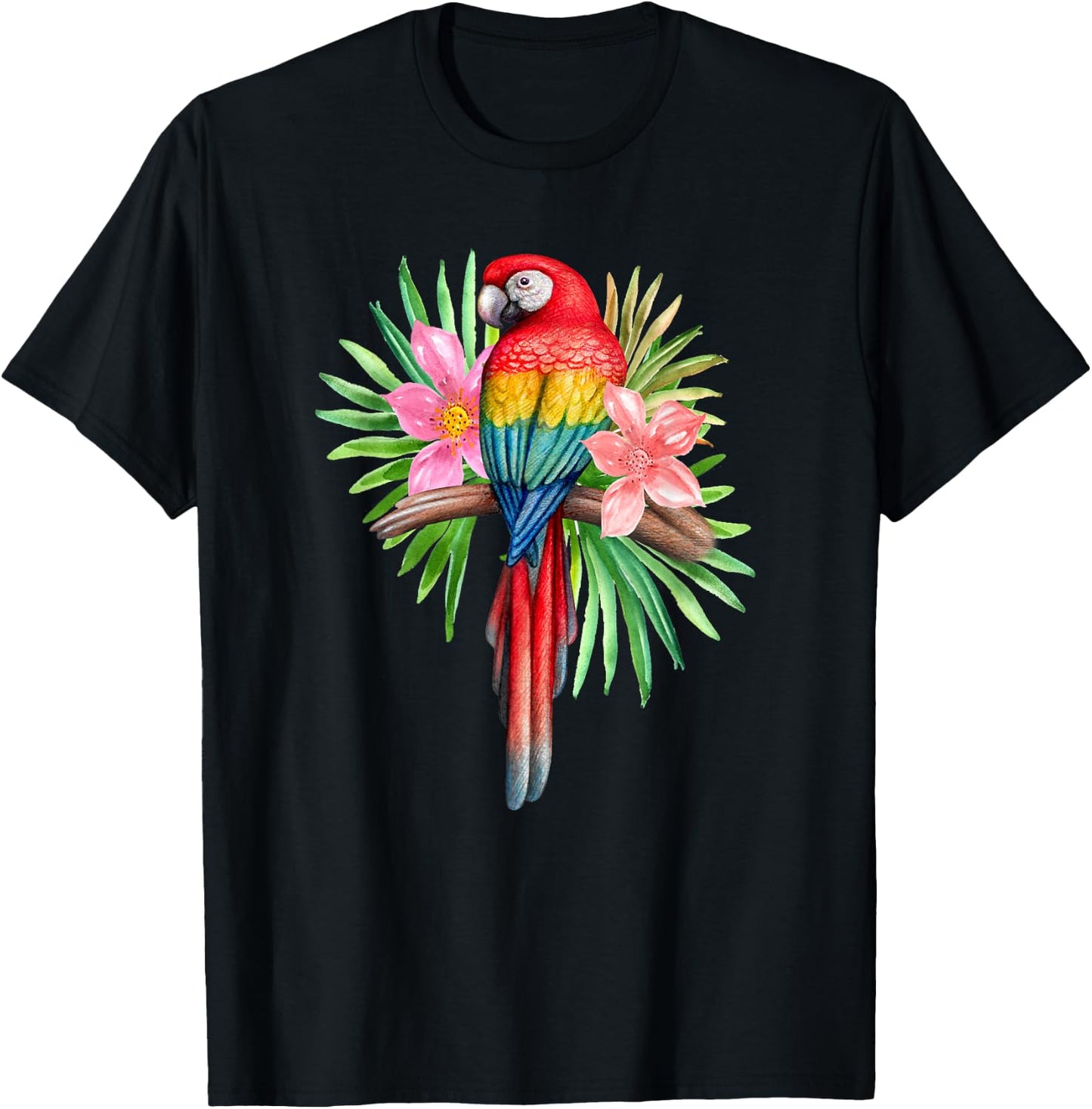 Parrot In Tropical Flowers Summer Beach Tiki Party Luau T-Shirt - T-Shirt | Black