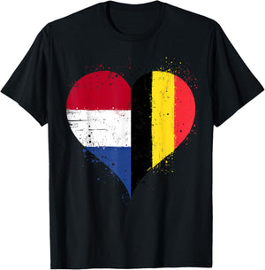 Cool Belgium Netherlands Flag Heart for Belgian Dutch Pride T-Shirt - T-Shirt | Black