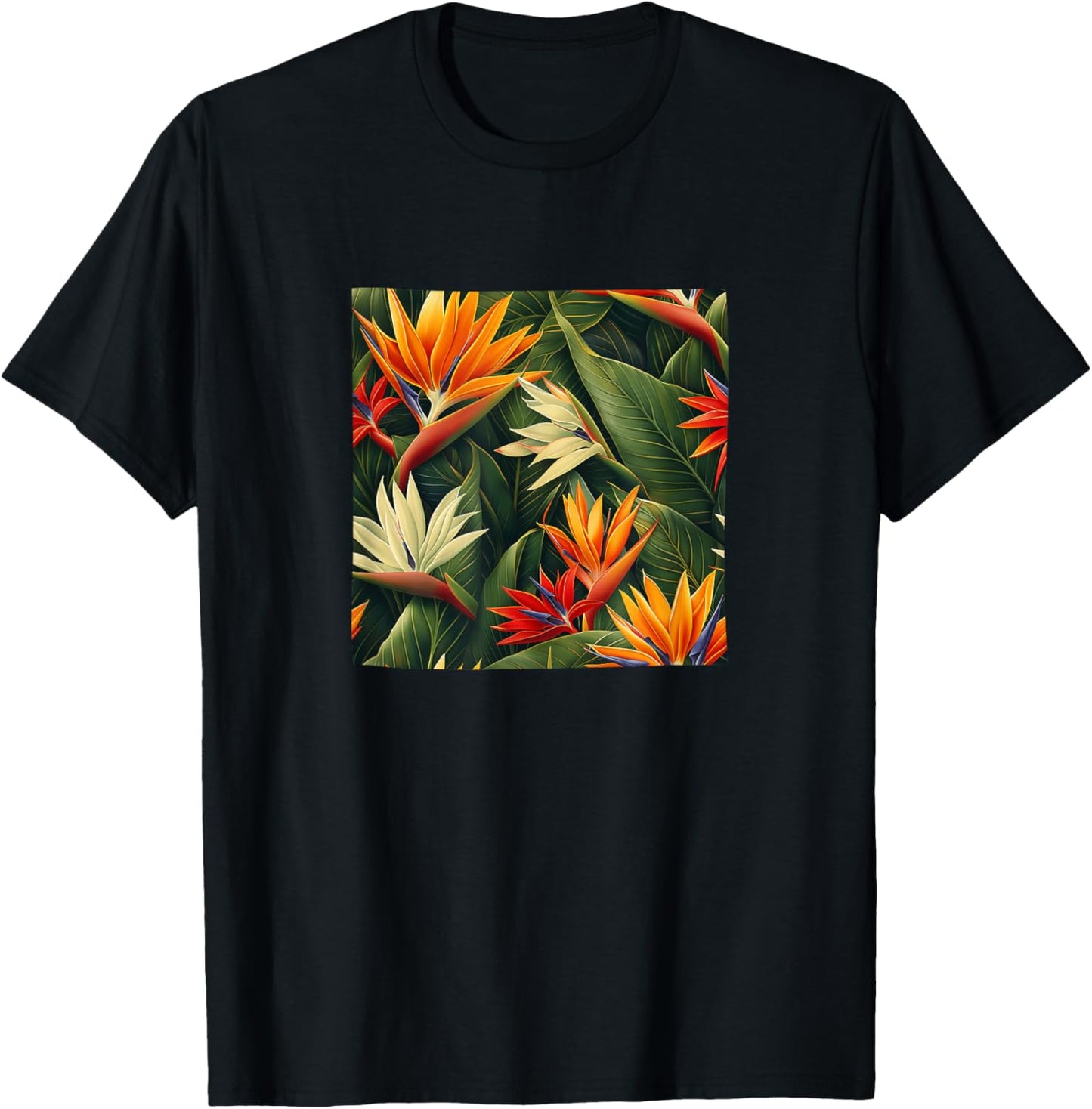 Bird Of Paradiese Flower Pattern Graphic T-Shirt - T-Shirt | Black