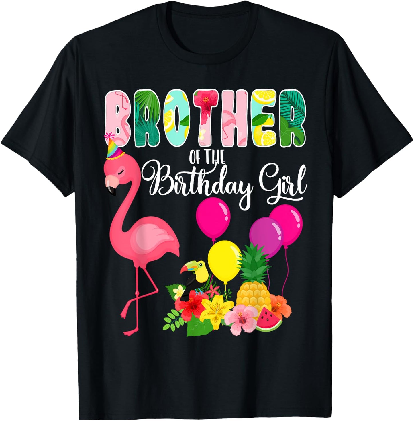 Flamingo Birthday Brother Of The Birthday Girl Flamingo Bday T-Shirt - T-Shirt | Black