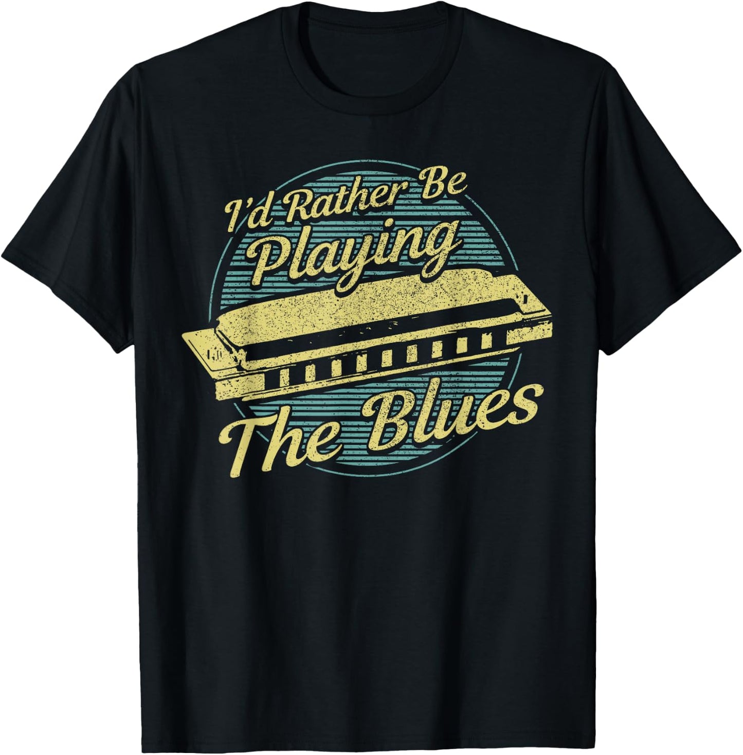 Blue Vintage Style Harmonica T-Shirt - T-Shirt | Black