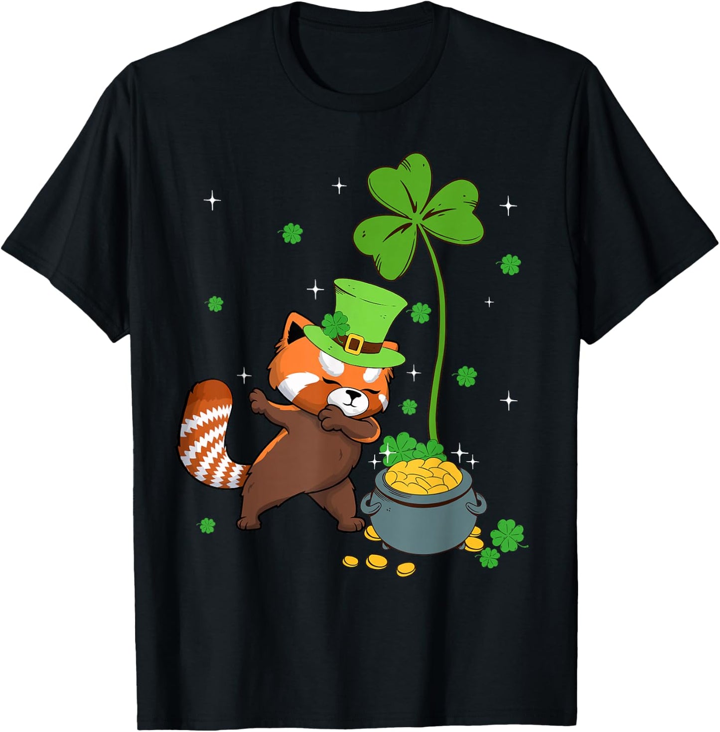 Shamrock Leprechaun Red Panda St Patrick's Day T-Shirt - T-Shirt | Black
