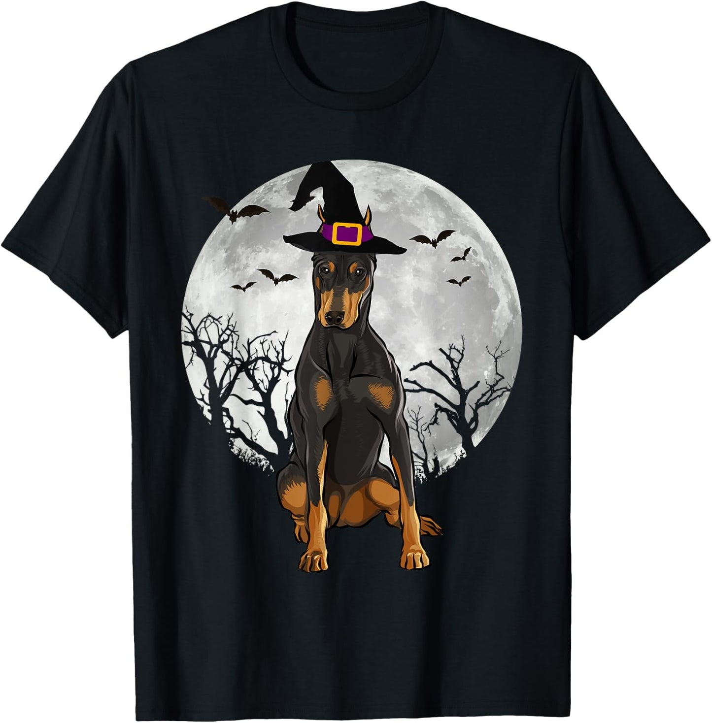Scary Doberman Pinscher Dog Witch Hat Halloween T-Shirt - T-Shirt | Black