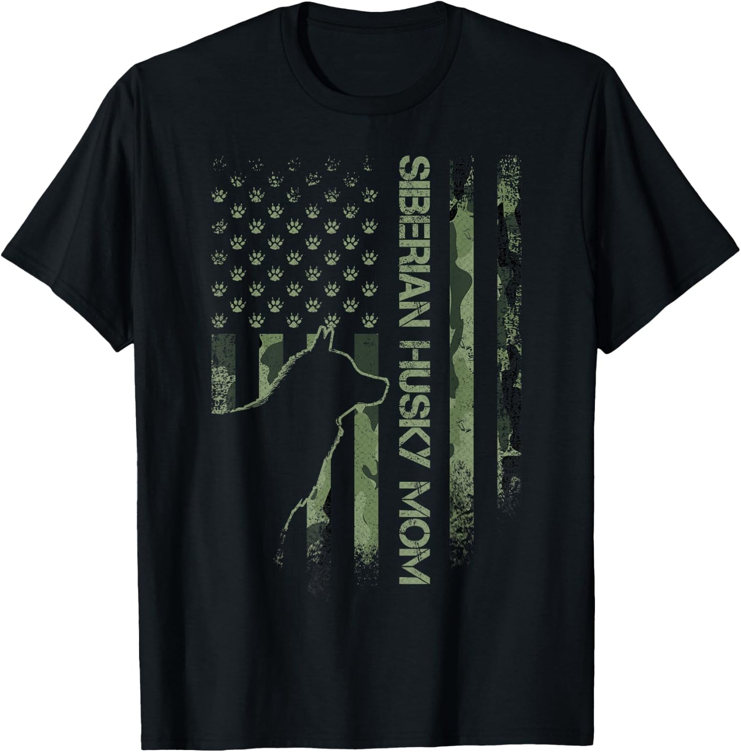 Vintage USA Camo Flag Proud Siberian Husky Mom Silhouette T-Shirt - T-Shirt | Black
