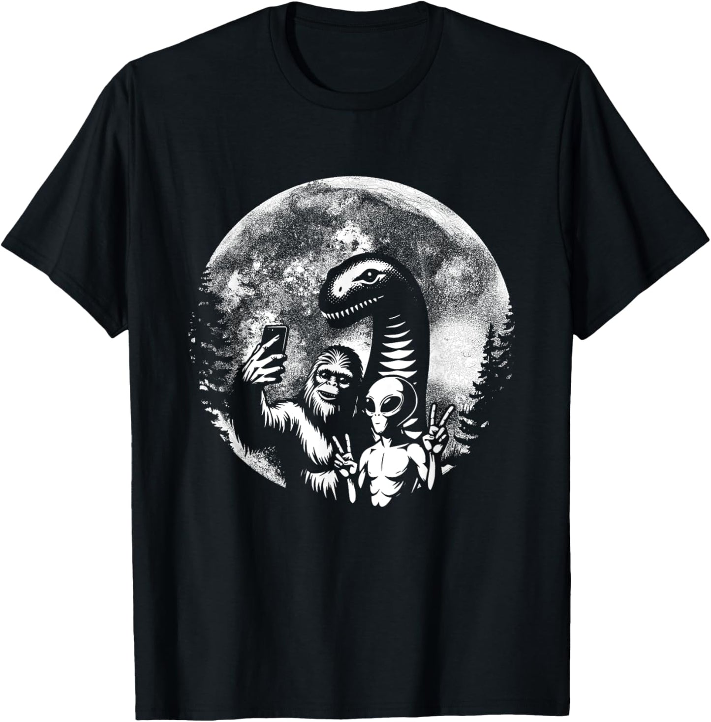 Funny Bigfoot Sasquatch Alien Loch Ness Full Moon Selfie T-Shirt - T-Shirt | Black