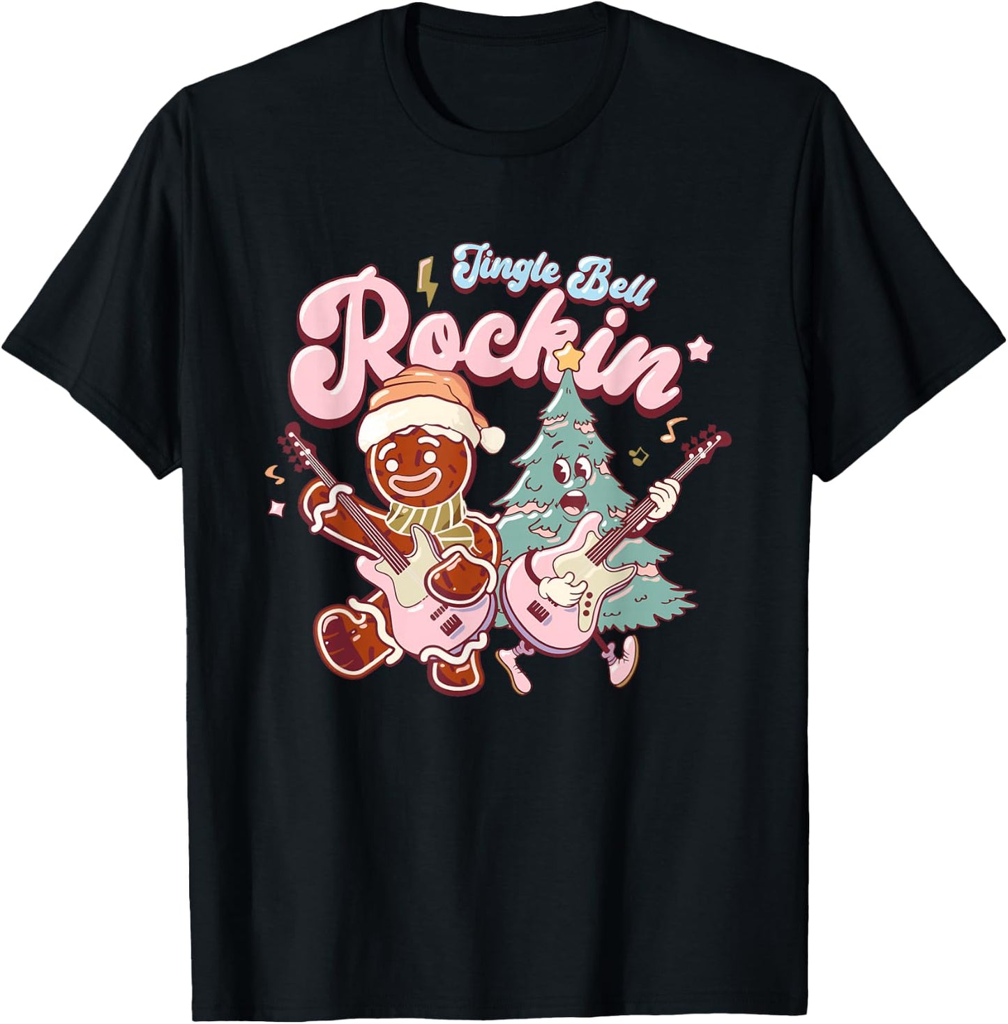 Jingle Bell Rockin Christmas Tree Guitarist Groovy Retro T-Shirt - T-Shirt | Black
