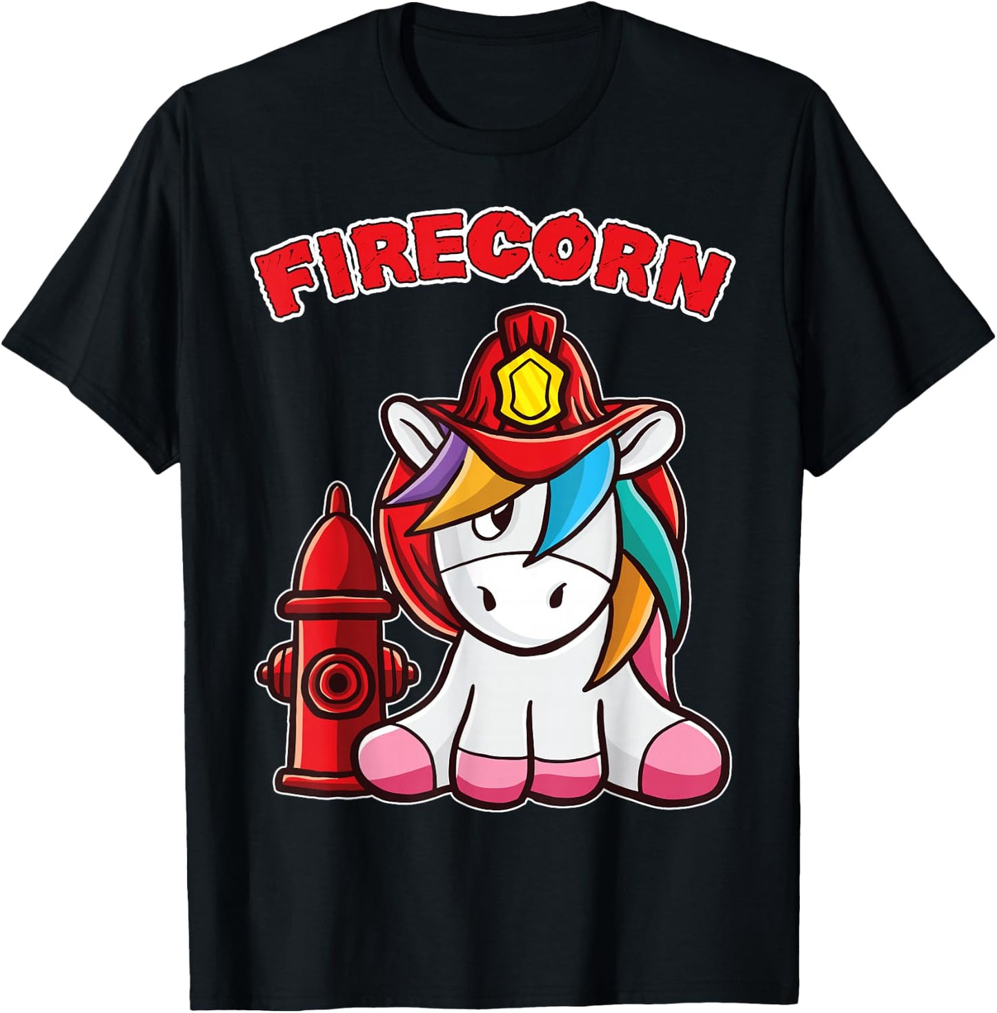 Firecorn Firefighter Unicorn with red Fireman Helmet Fire T-Shirt - T-Shirt | Black