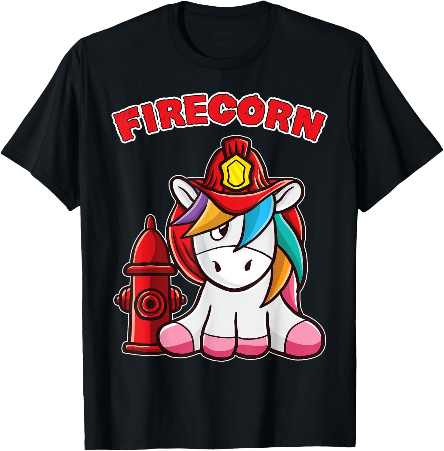 Firecorn Firefighter Unicorn with red Fireman Helmet Fire T-Shirt - T-Shirt | Black