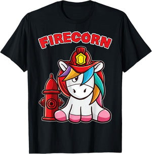 Firecorn Firefighter Unicorn with red Fireman Helmet Fire T-Shirt - T-Shirt | Black