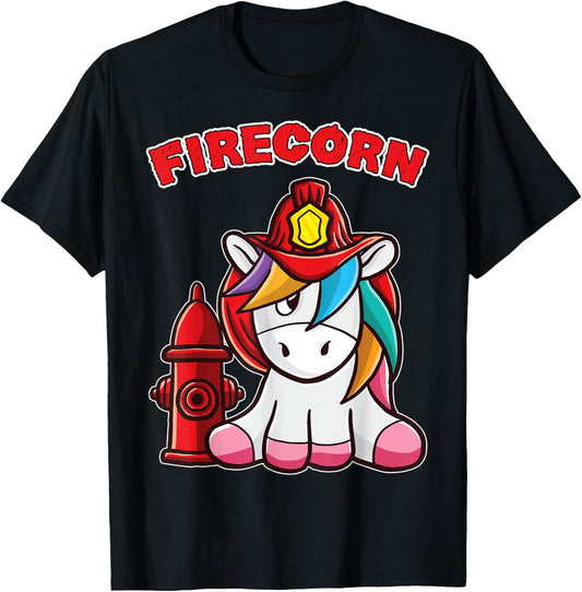 Firecorn Firefighter Unicorn with red Fireman Helmet Fire T-Shirt - T-Shirt | Black