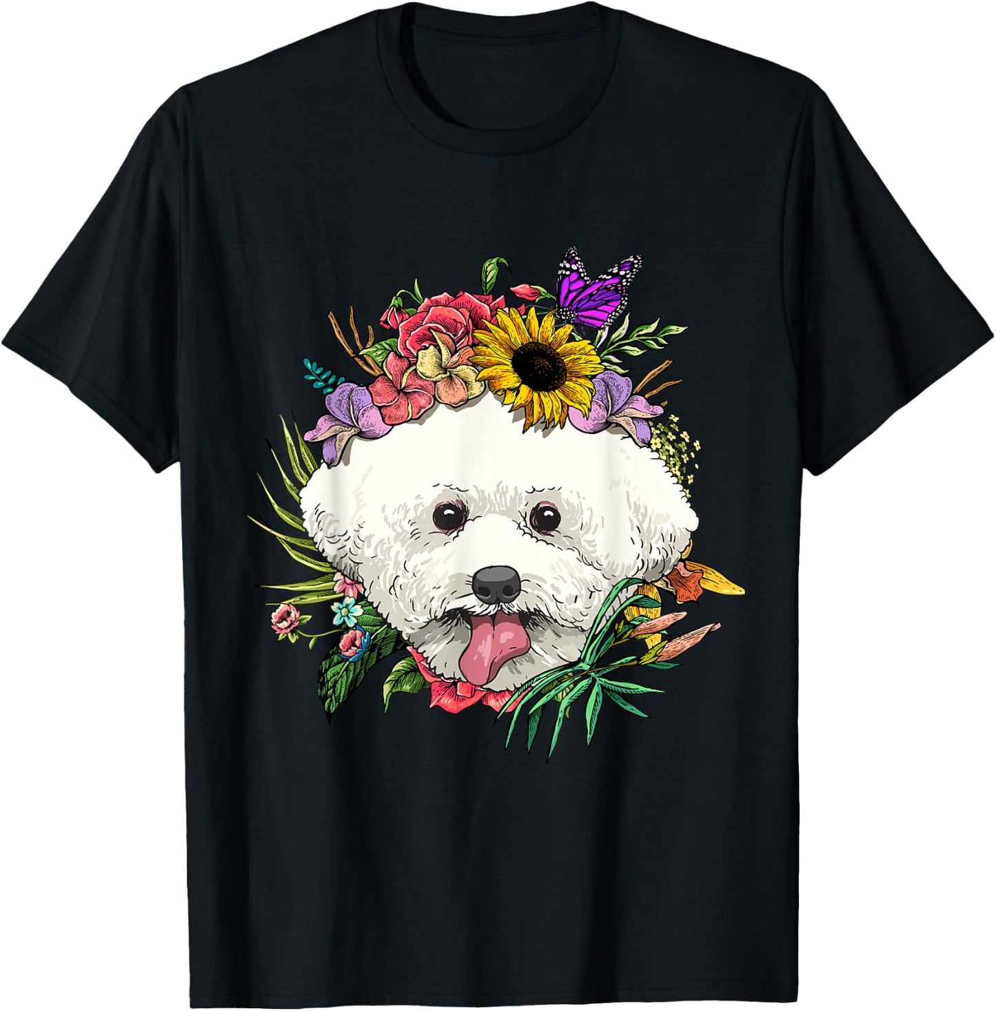 Floral Bichon Frise Dog Spring Nature Dog Lovers T-Shirt - T-Shirt | Black