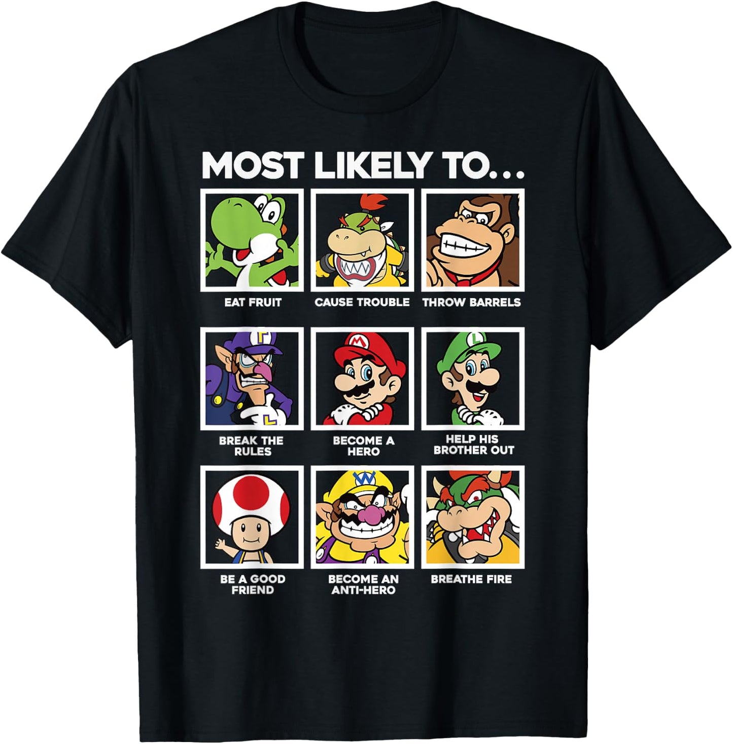 Super Mario Group Shot Most Likely To Grid T-Shirt - T-Shirt | Black