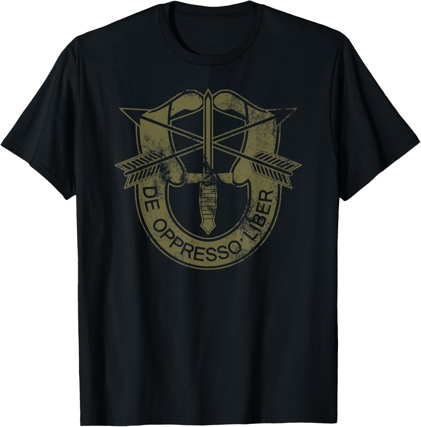 US Special Forces - De Oppresso Liber - OD Green Distressed T-Shirt - T-Shirt | Black
