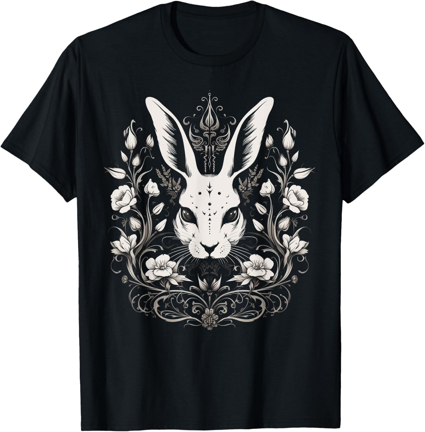 Rabbit Bunny Flowers Witchy Occult Gothic Vintage Easter T-Shirt - T-Shirt | Black