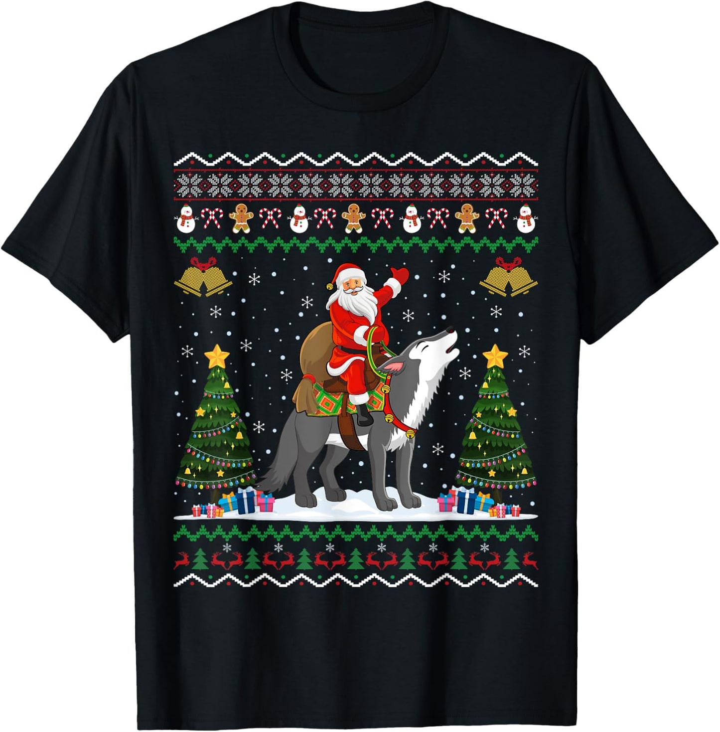 Ugly Wolf Xmas Gift Santa Riding Wolf Christmas T-Shirt - T-Shirt | Black