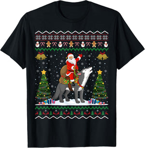 Ugly Wolf Xmas Gift Santa Riding Wolf Christmas T-Shirt - T-Shirt | Black