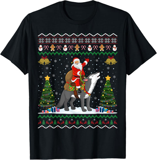 Ugly Wolf Xmas Gift Santa Riding Wolf Christmas T-Shirt - T-Shirt | Black