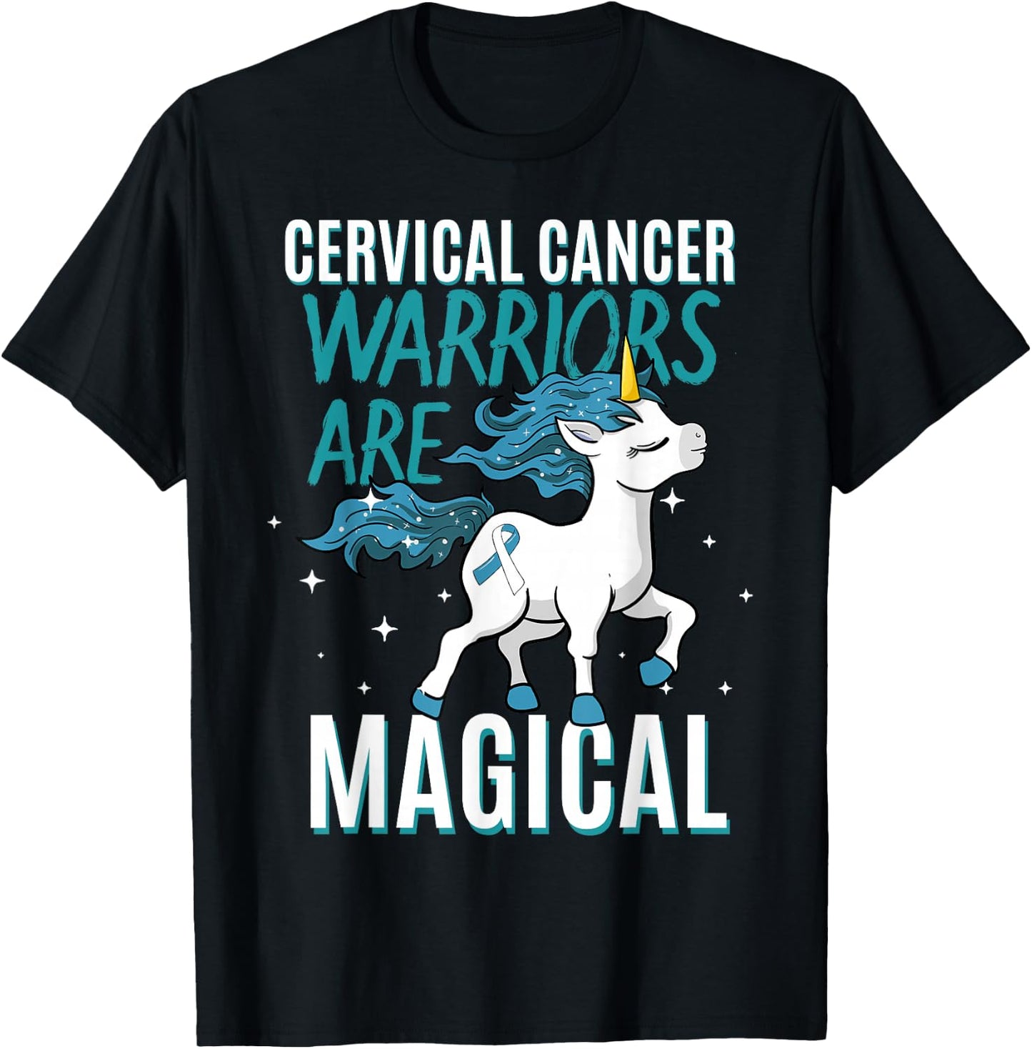 Cervical Cancer Warrior Magical Unicorn Teal Ribbon HPV T-Shirt - T-Shirt | Black