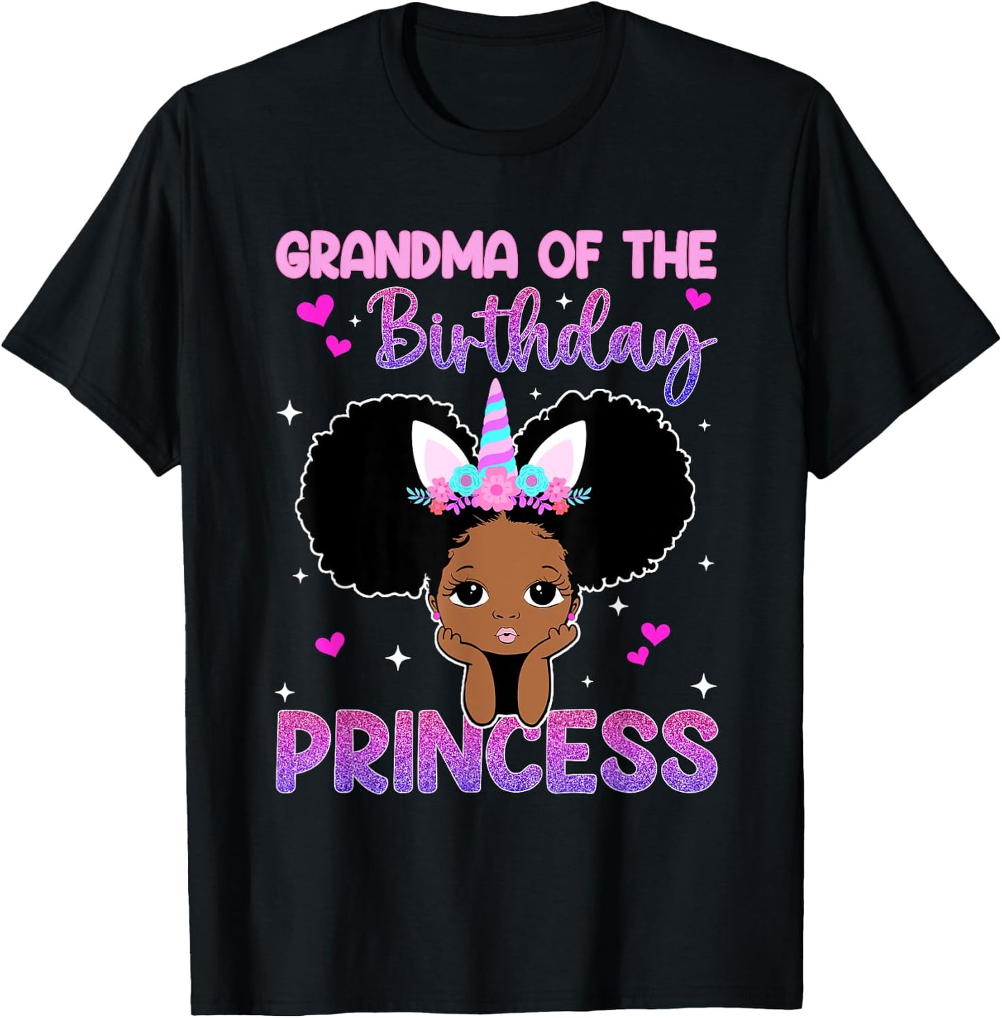 Grandma Of The Birthday Princess Melanin Black Girl Unicorn T-Shirt - T-Shirt | Black