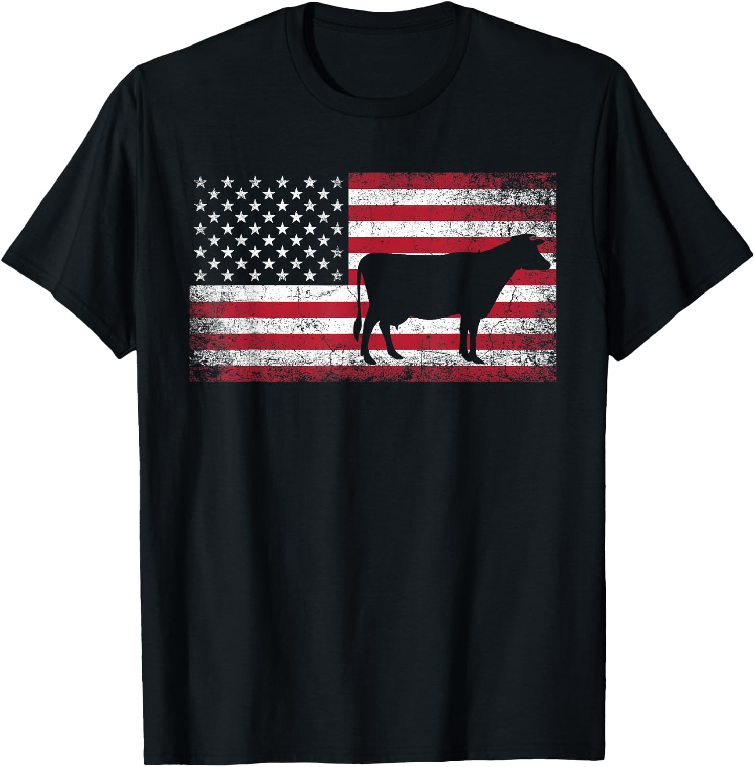 Cow Farm Farmer 4th of July American Flag Patriotic USA T-Shirt - T-Shirt | Black