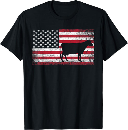 Cow Farm Farmer 4th of July American Flag Patriotic USA T-Shirt - T-Shirt | Black